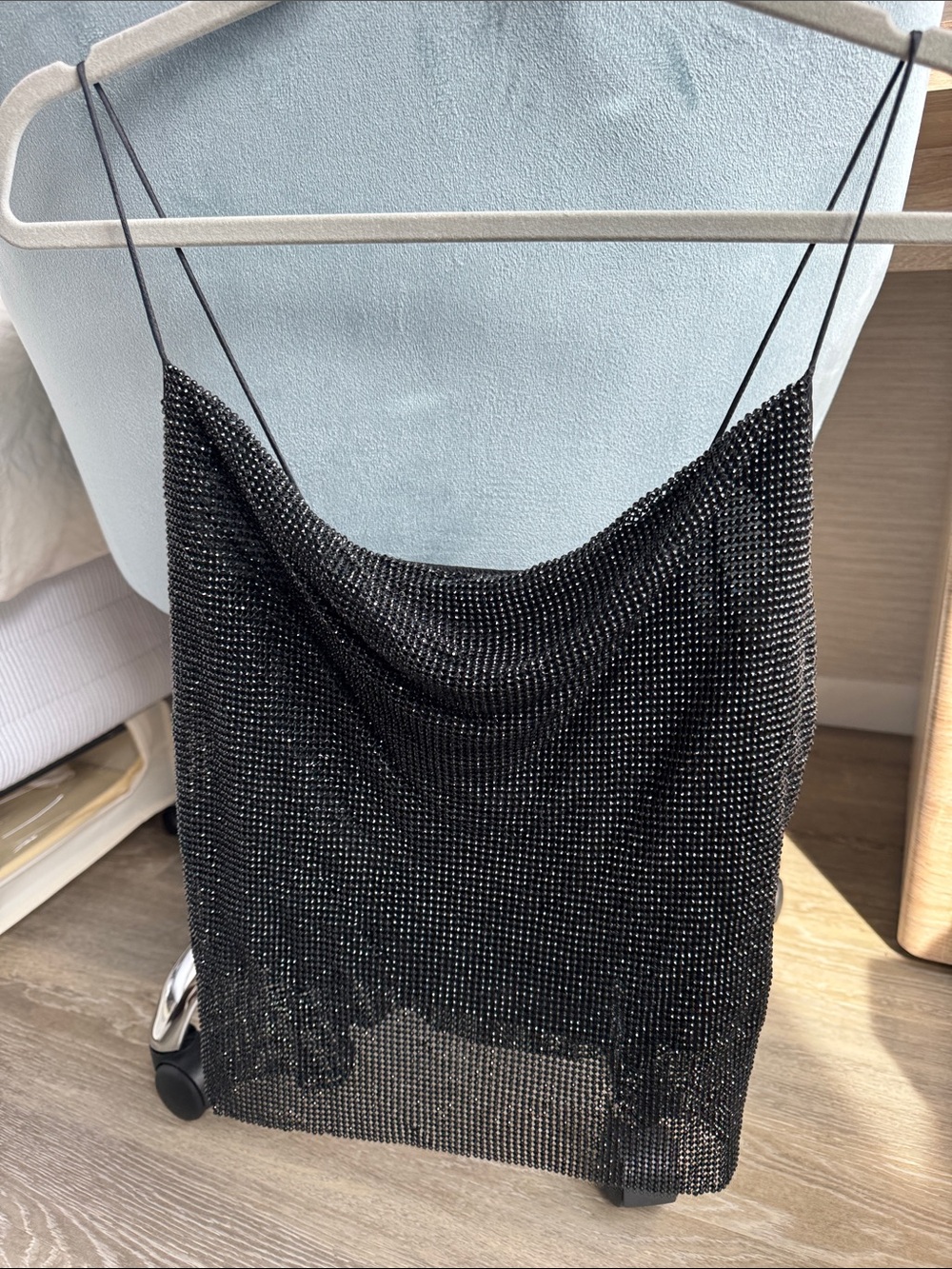 Alice & Olivia Black Sparkle Chainmail Cropped Top